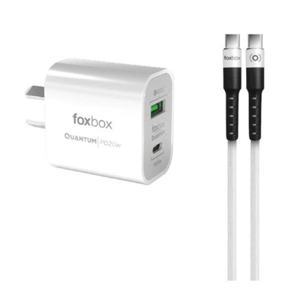 FOXBOX CARGADOR QUANTUM 20W + CABLE USB-C A USB-C - 2 SALIDAS QC3.0 PD20W