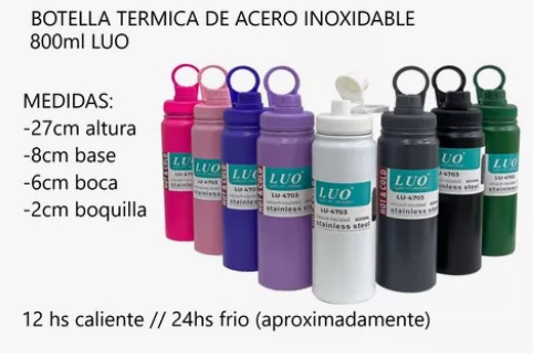 BOTELLA TERMICA ACERO INOX. CON AGARRE 800ML VARIOS COLORES SIMIL STANLEY