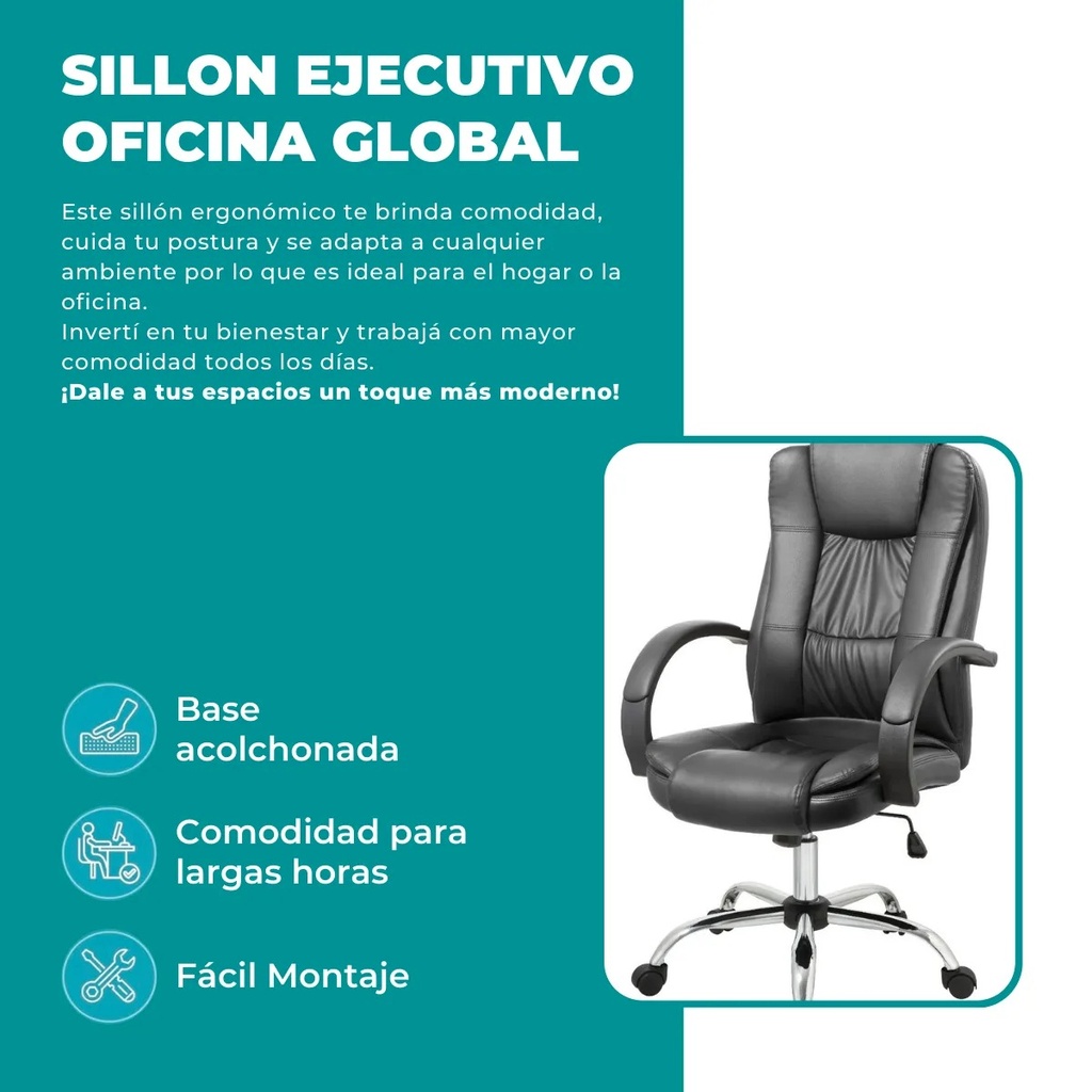 Global Silla Ergonómica Gerencial Premium Tf201 Respaldo Alto Reforzada Apoya Cabeza Tapizado Mesh Y Ecocuero  Hasta 150Kg Negro
