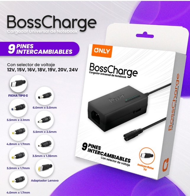 Only Cargador de Notebook mod-504 96w 9 conectores pin de notebook universales con selector de Voltaje