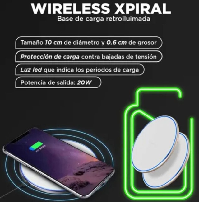 Xaea Cargador Xpiral mods-723 Wireless Base cargadora para celulares con carga inalambrica potencia 20w Carga rapida