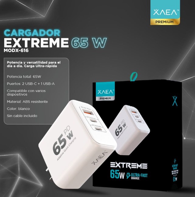 Xaea Extreme Cargador 220v 65w modx-616 6.2A 1USB + 2 tipo c Blanco