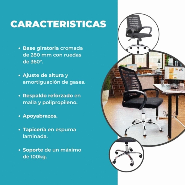 Global Silla De Escritorio Mesh Tf101 Con Ruedas Regulación Altura Respaldo Alto Soporta 120Kg