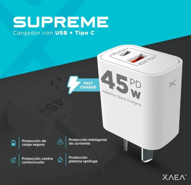 Xaea Cargador Celular 220V Supreme 5A 45W Tipo C Pd + Usb Mod504