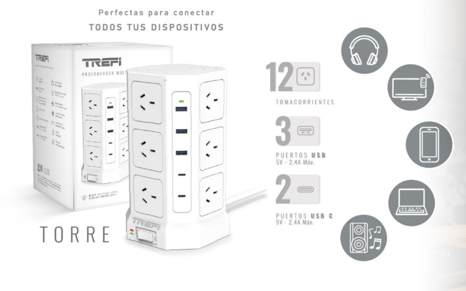 Trefi Trfptorr 12 tomas + 3 usb + 2 usb tipo c prolongador zapatilla multiple