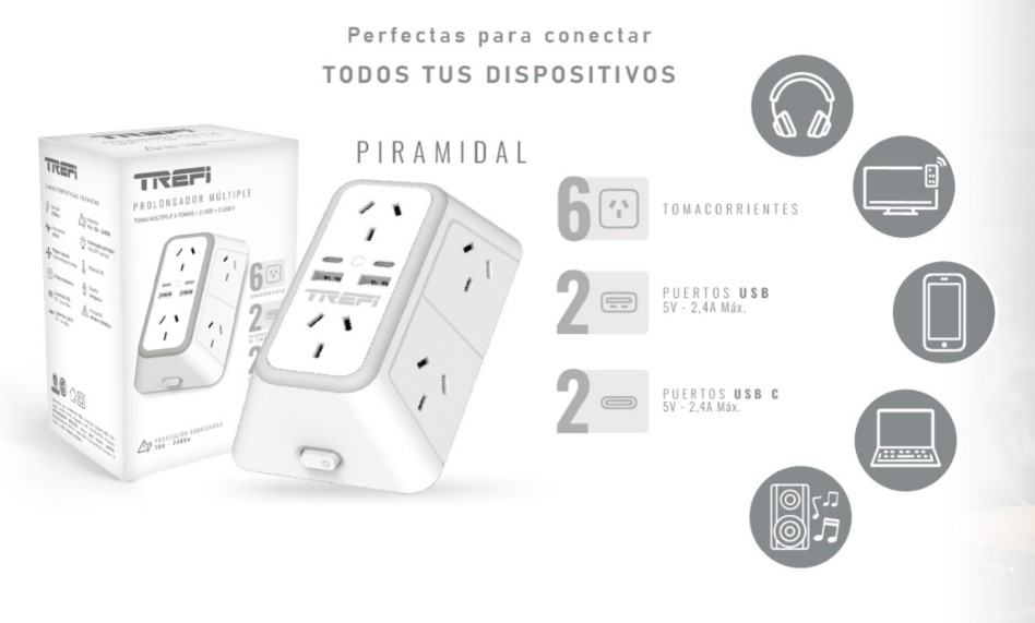 Trefi Trfpirami piramidal adaptador multiple 6 tomas + 2 usb + 2 usb tipo c