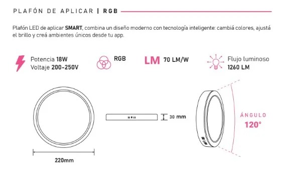 Trefi Plafon Led Smart Redondo Luz Rgb + Blancos 18W 1260Lm Compatible Con Alexa/Google/Smart Life