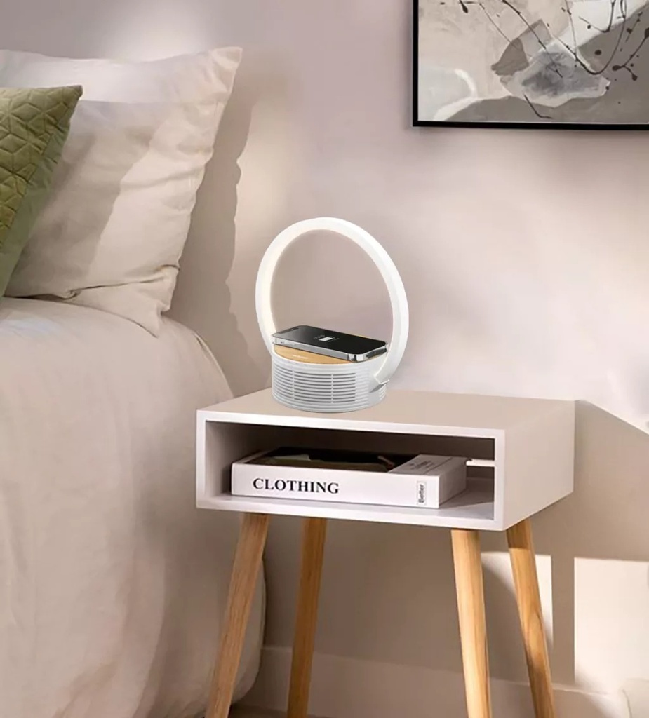 Macroled Velador Baco Madera 5W Blanco Cálido 2700K Dimerizable Con Parlante Bluetooth Y Carga Inalámbrica 10W  