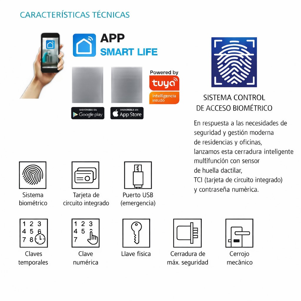 Cerradura Inteligente Electrónica Con Apertura Huella Y Llave Con Cerrojo - App Tuya/Wifi/Clave/300 Usuarios