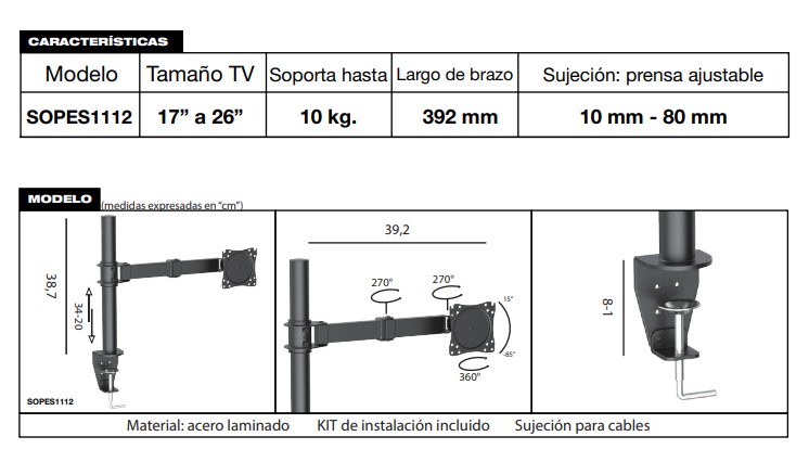 Sixelectric Soporte Reforzado de Escritorio Para monitor de 17 a 26"