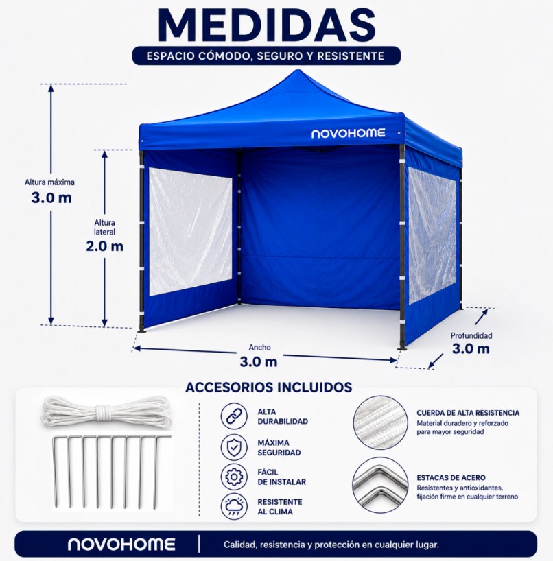 Novohome NH-GZb420-A Gazebo Plegable Reforzado 3X3 Mts Novohome C/Paredes Ventana