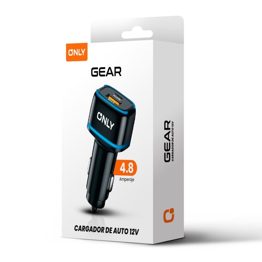 Only Cargador 12V Gear 4.8A 1 Usb + 1 Tc + Cable Tipo C Mods-504Gear Negro