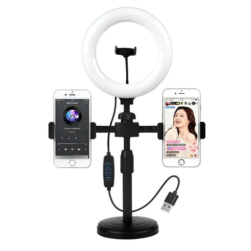 Aro De Luz Led 26Cm Selfie Con Base Regulable + 3 Pinzas Celulares 3 Intensidades Usb 