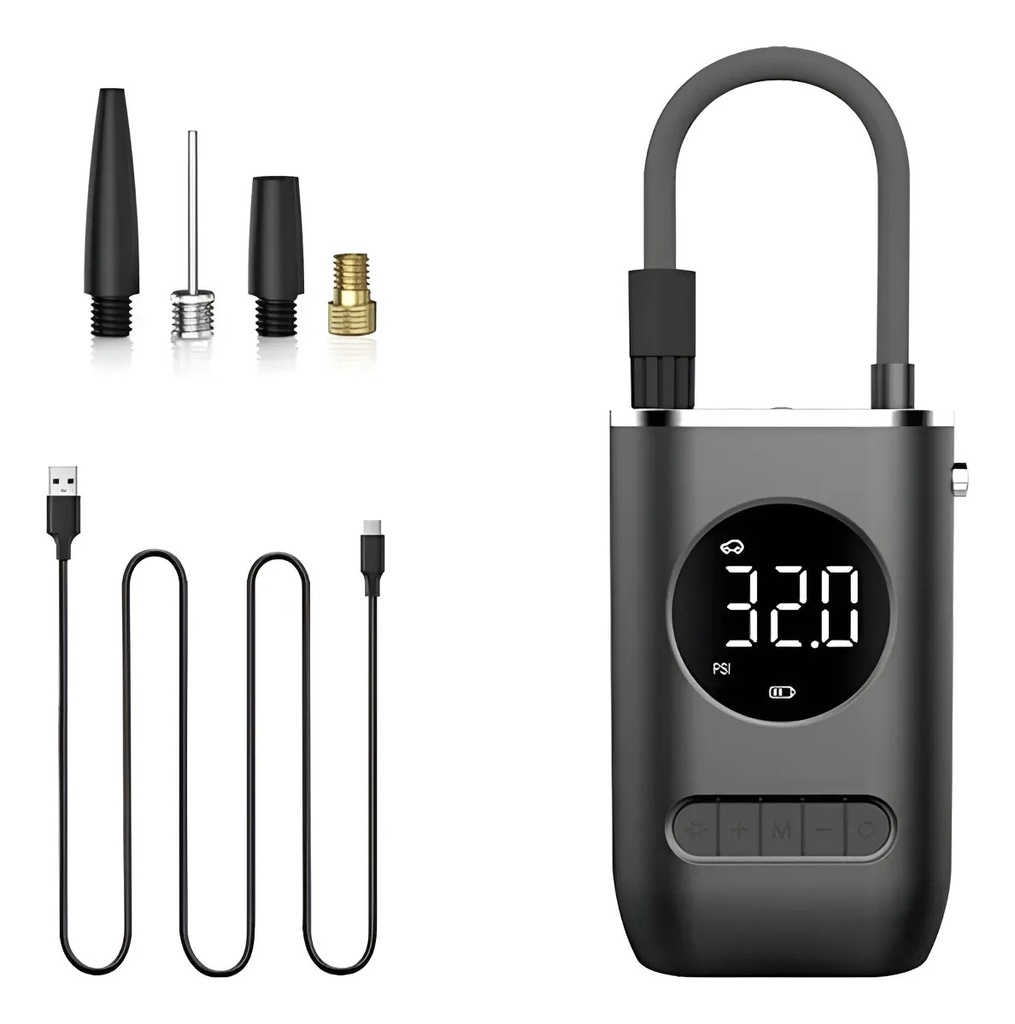 Inflador Compresor Portatil Recargable Linterna Usb 4000 Mah Psi 150 Max. 80W Negro