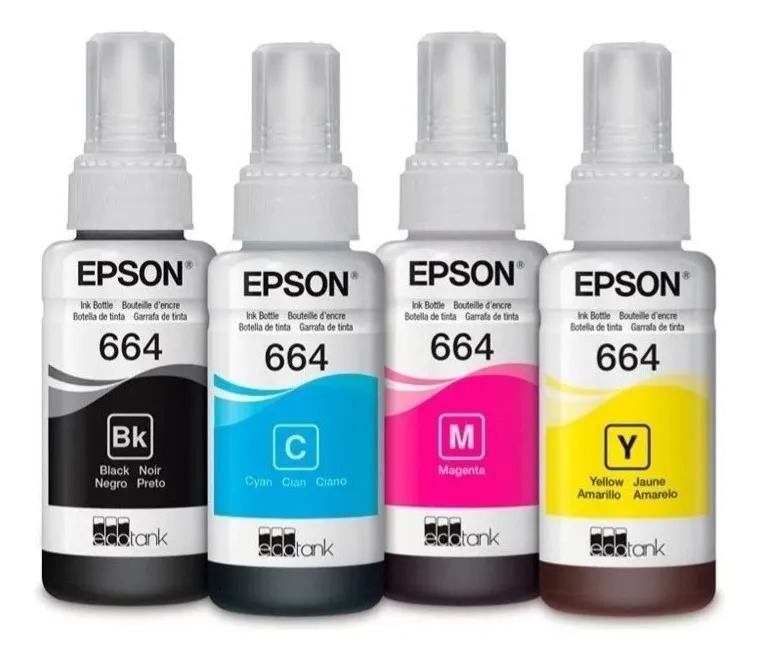 Combo X4 Tintas Epson Original T664 L200 Negro/Cyan/Magenta/Amarillo 70Ml
