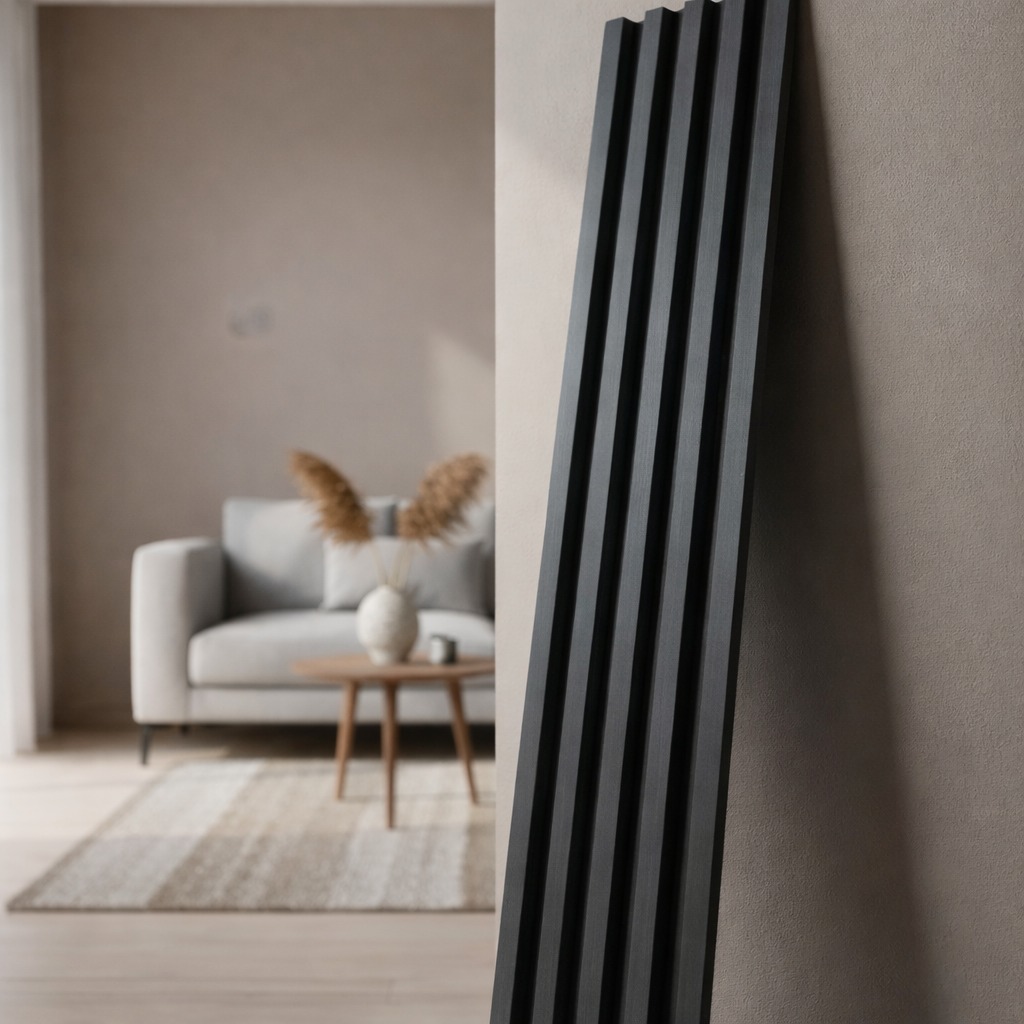 Panel 3D Vinílico Wpc Revestimiento De Pared Simil Madera Liston 2900X150X12Mm Color Negro Interior Cubre 7.83 Mt2 Pack 18 Listones