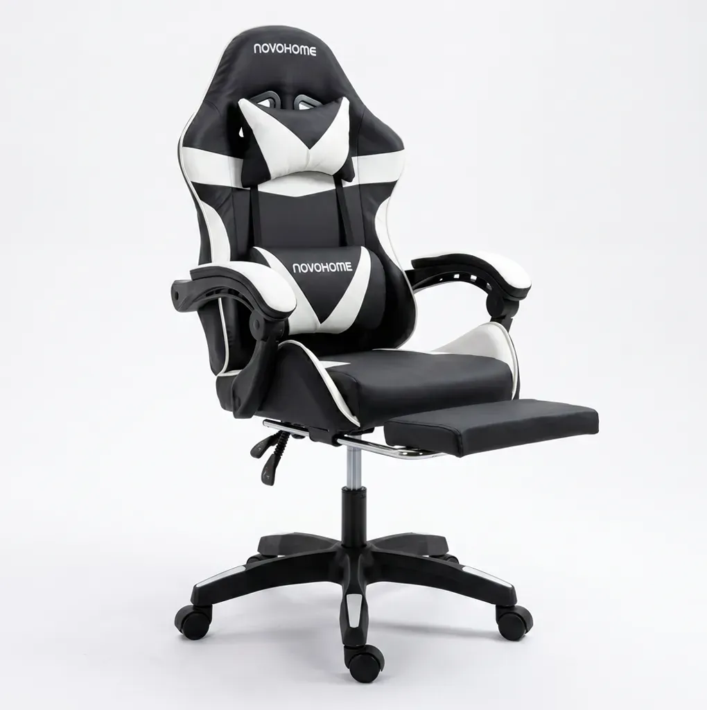 Silla Gamer Novohome Con Apoya Pies Black And White Gc1003