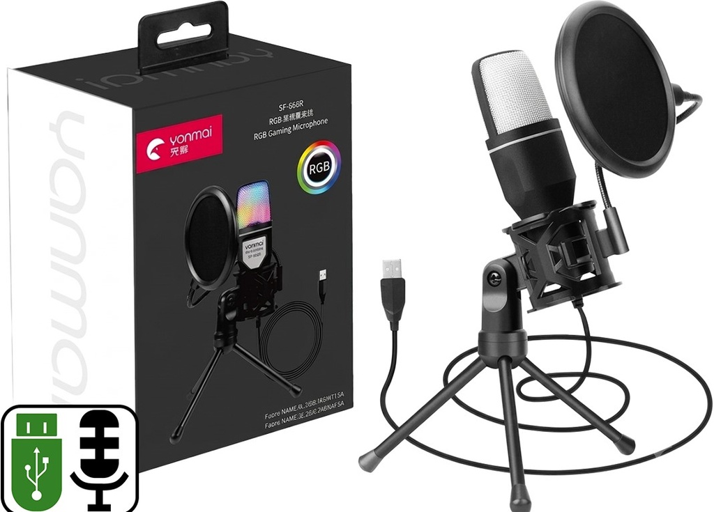 Microfono Yanmai Sf-666R Usb Cable 1.35Mts Omnidireccional Con Condesnadores Y Reduccion De Ruido Rgb Incluye Tripode