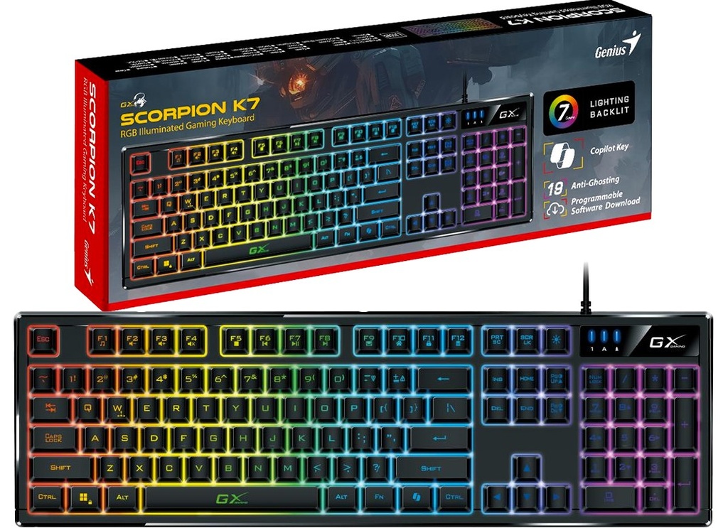 Teclado Genius Gx Gaming K7 Scorpion Usb Cable 1.3Mts 19 Key Anti-Ghosting 7 Colores Rgb Mecanico Retroiluminado Espanol 
