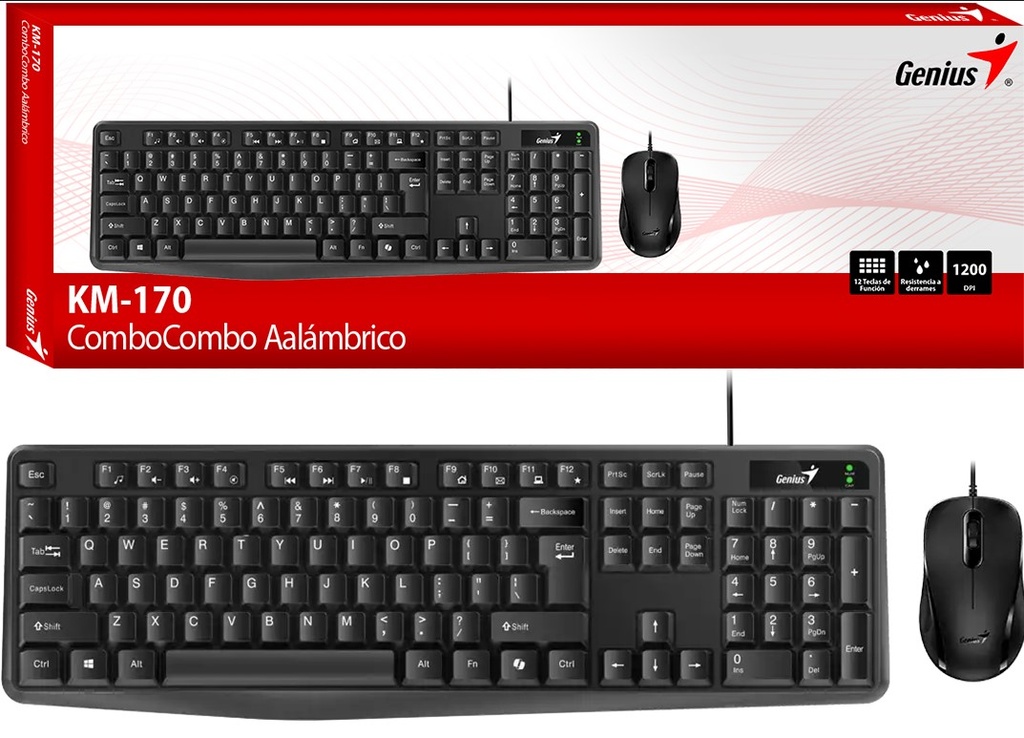 Kit Teclado + Mouse Genius Km-170 Usb Con Cable Mouse 1200Dpi Teclado Multimedia Negro