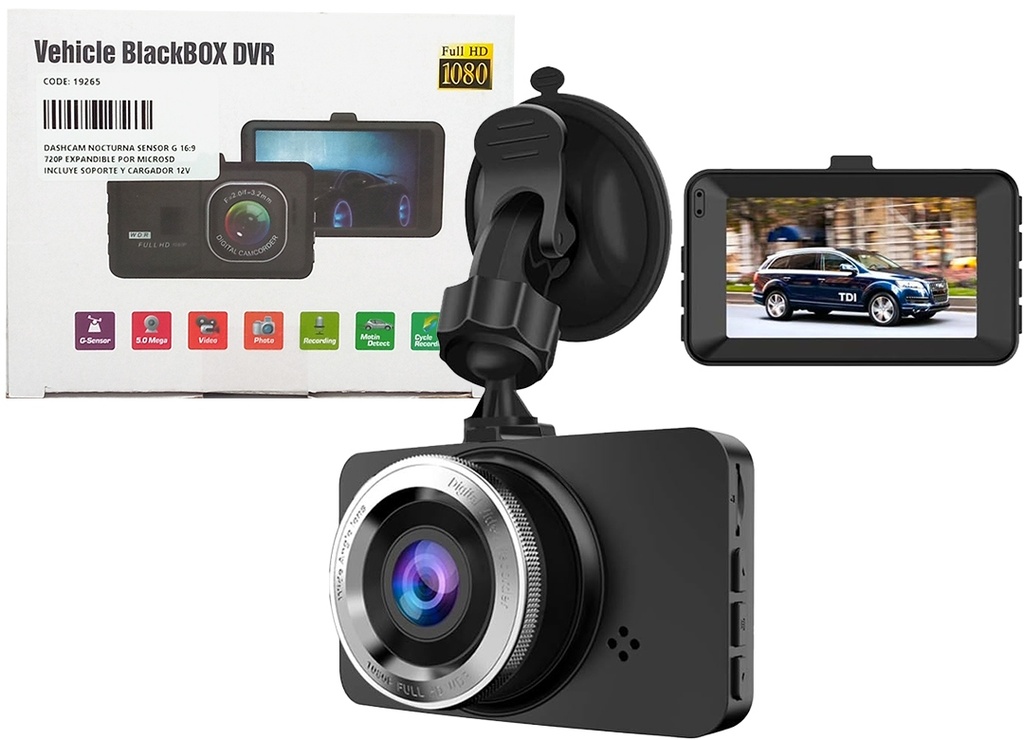 Dashcam Xushidz Vision Nocturna Sensor G 16:9 720P Expandible Por Microsd Camara Para Auto Incluye Soporte Y Cargador 12V