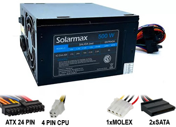 Fuente Solarmax 500W Kc-Cda500 +12V 16A 24+4Pines 1Xmolex 2Xsata Cooler 8Cm