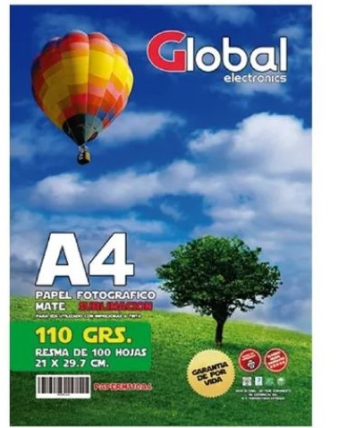Global Paperm110A4-100 Papel Mate En Resma De Resma 100 Hojas A4 >> Apto Sublimacion << (210 X 297 Mm.) De 110 Grs. Para Impresoras Laser O Tinta
