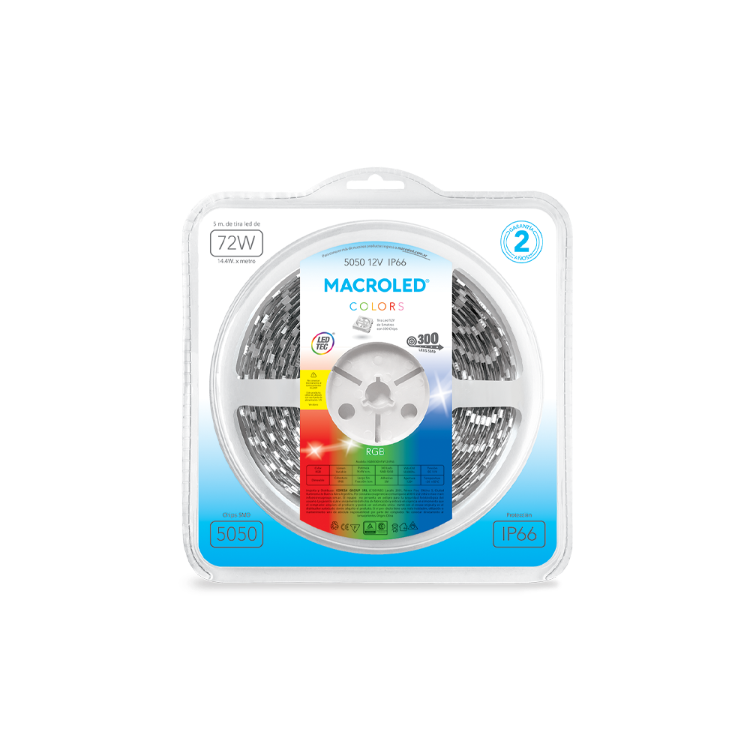 Macroled Rgb-B300-Fw12-Ip66 - Tira De Led Rgb 5050 5Mts Ip66 Resistente Al Agua 300 Leds 72W