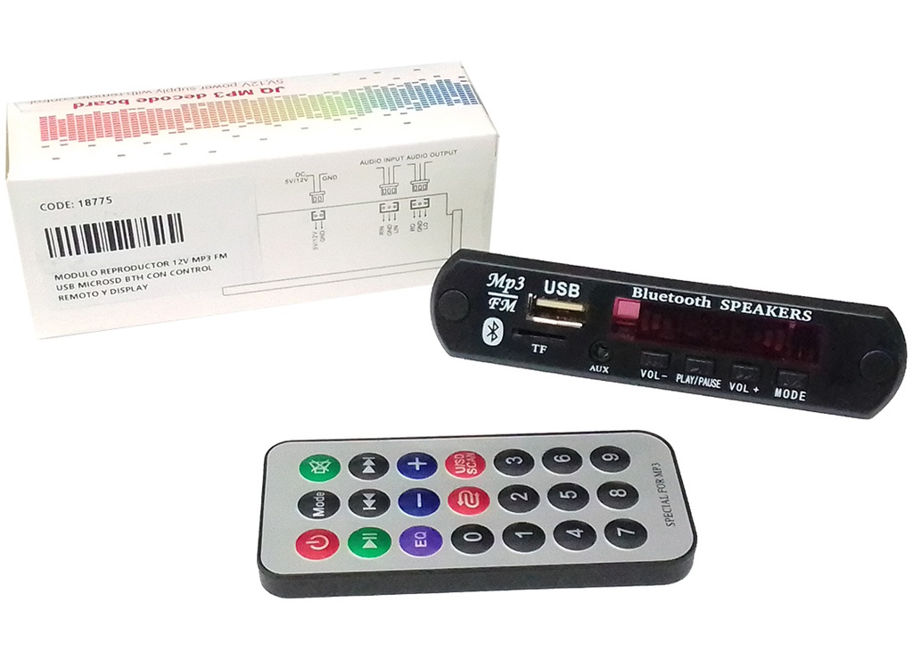 Modulo Reproductor 12V Mp3 Fm Usb Microsd Bluetooth Con Control Remoto Y Display - Control No Incluye Pila Cr2025 Tp-18775