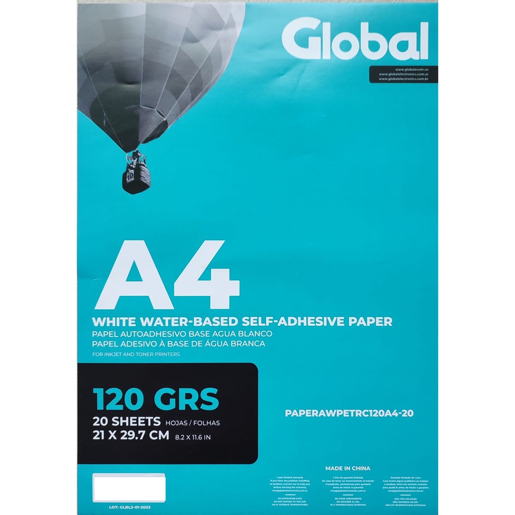 Papel Autoadhesivo 120Grs Base Agua Blanco  Resma 20 Hojas - Paperawpetrc120A4-20