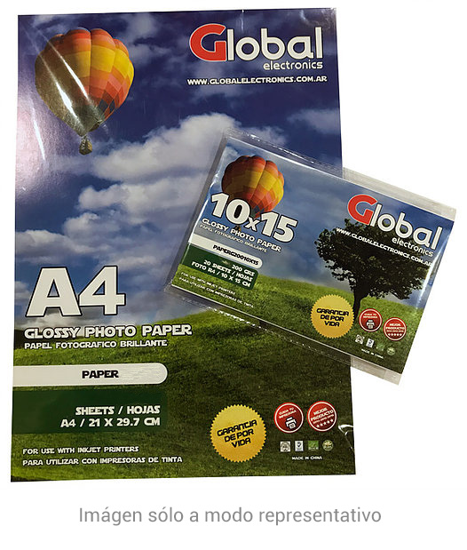 Resma Global Papel Glossy 20 Hojas De Tañaño Fotografía 4R (100 X 150 Mm.) De 200 Grs.