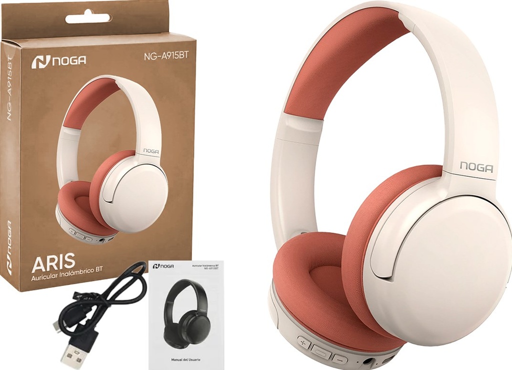 AURICULAR VINCHA NOGANET NG-A915BT MANOS LIBRES MICROFO BATERIA 200MAH BLUETOOTH 5.3 INCLUYE CABLE USB TIPO C PARA CARGAR ROSA