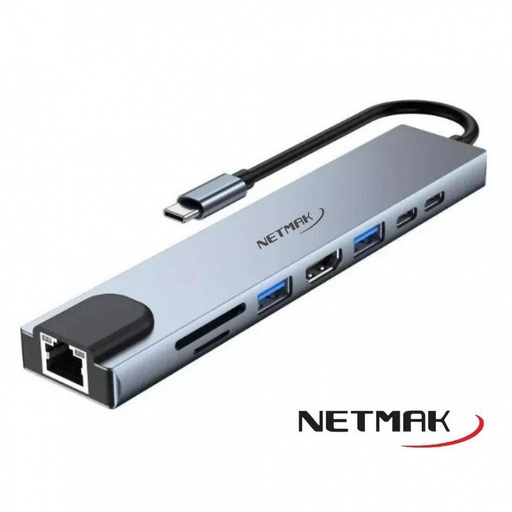 [10276] Netmak Nm-8En1 Hub Adaptador Tipo C 8 En 1 Hdmi 4K Usb 3.0 Usb C Rj45 Vga Microsd Sd
