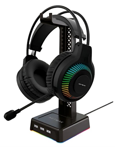 [10293] Netmak Nm-Hs430 Soporte Base Para Auricular Gamer Rgb + Hub 3 Puertos Usb