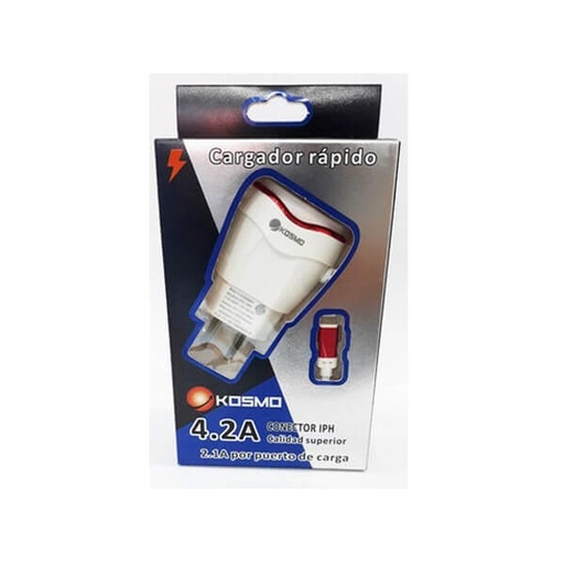 [10678] Kosmo Cargador Celular 220V 5V 4.2A Usb A Lightning Kosmo Ks-18Hc De Pared Usb X2 Carga 3 Telefonos Cable Lightning