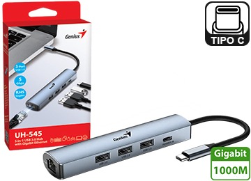 [11161] Genius Hub Usb Tipo C A 3 Usb 3.0 X1 Usb Tipo C X1 Rj45 Uh-545 Cable 15CM