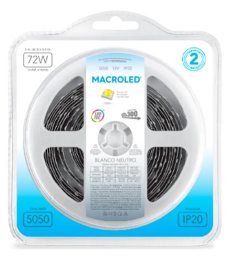 Macroled Tira Led 5050 Blanco Neutro 4000k ip20 interior 14.4w 60 led x mt - rollo 5 mts