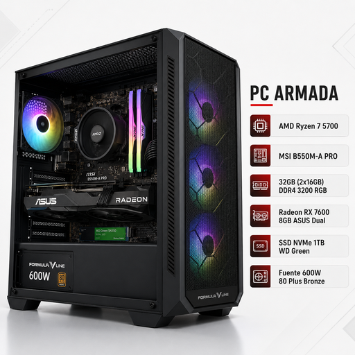 [113728] Pc Gamer Armada Amd Ryzen 7 Ram 32Gb Disco 1Tb Nvme M.2 Fuente 600W 80+ Bronze Vga Asus Rx7600 8Gb