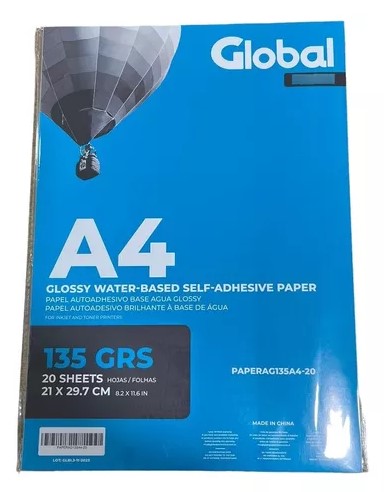 [8508] Global Paperag135A4-20 - Resma X 20 Hojas - De Papel A4 (210 X 297 Mm.) Fotográfico Autoadhesivo Brillante Base Agua 135 Gt 