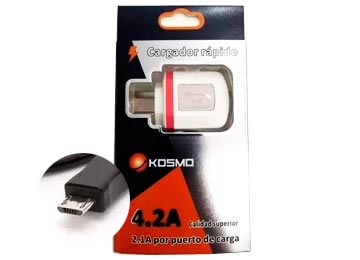 [286] Kosmo - Cargador Celular Viajero Micro Usb Turbo 2 Puertos Usb 4.2A 3 Dispositivos