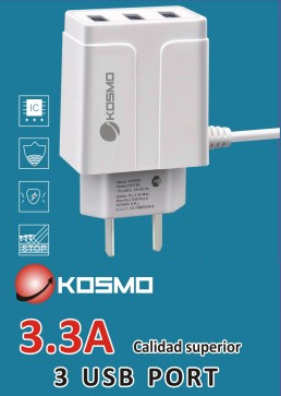 [933] Kosmo Cargador Celular Carga Rapida 220V 5V 3.3A Cable Tipo C  + 3 Usb Ks-18L C