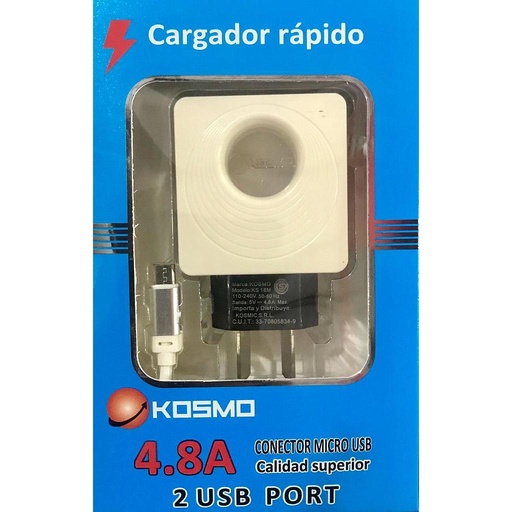 [936] Kosmo Ks-18M - Cargador Celular Rapido 220V 5V 4.8A Cable Tipo C+ 2 Usb Qc