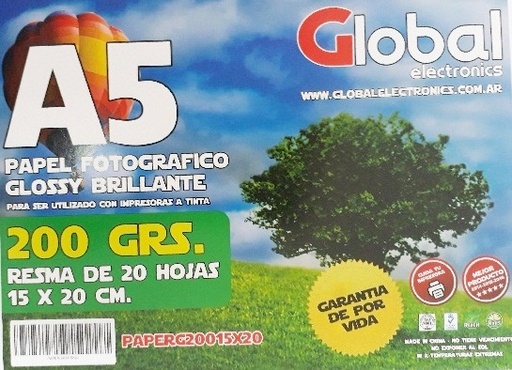[652] Resma Global Papel Glossy 20 Hojas Tamaño Fotografía A5 (150 X 200 Mm) De 200Grs