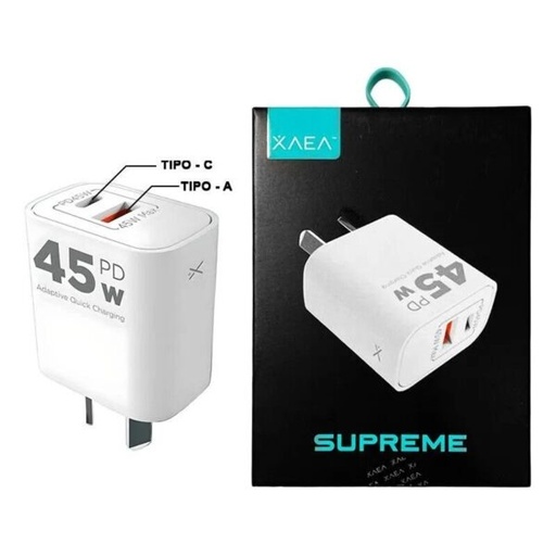 [10267] Xaea Cargador Celular 220V Supreme 5A 45W Tipo C Pd + Usb Mod504 Fast Charge Carga Rapida Q.C